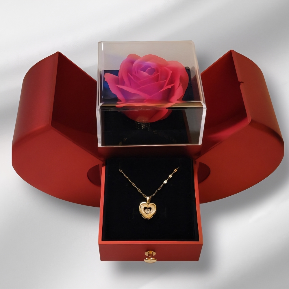 Valentines Day Red Heart Box Opens Up w/ Rose & Pull Out Drawer For Any Gift